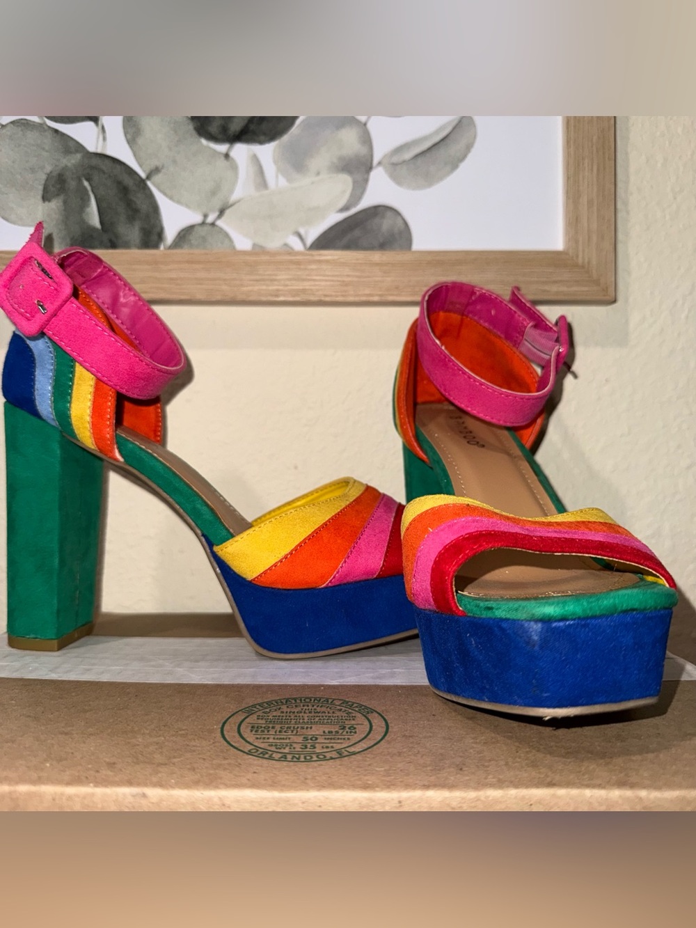 Bamboo Rainbow Platform Heels Size 6.5 Multicolor Ankle Strap Block Heel